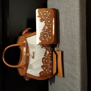 Brown and White Handbag Set